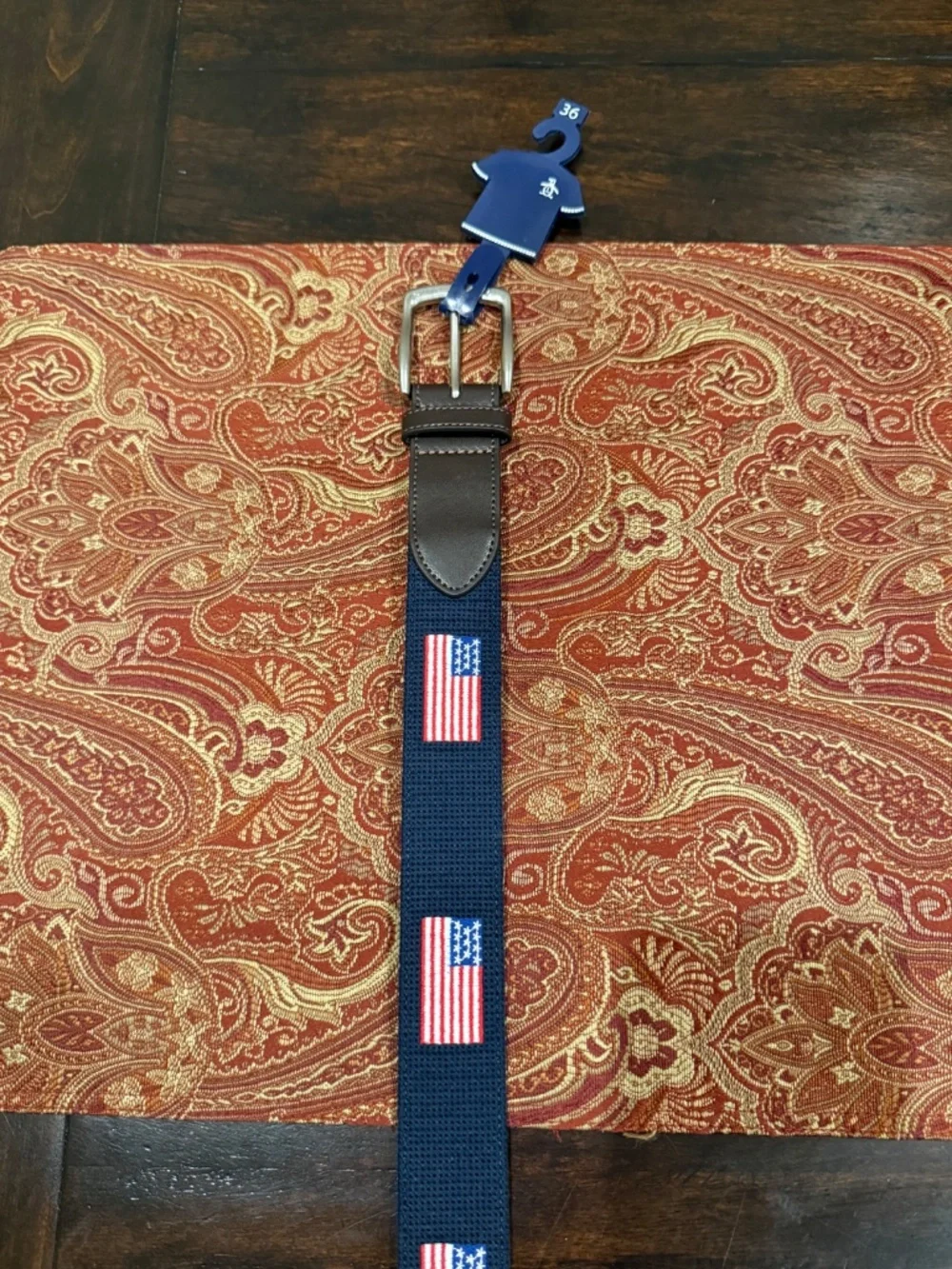 Penguin Men's Size 36 Navy American Flag Belt MSRP $60